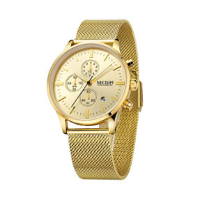 MEGIR 2011 Quartz Watch with Metal Strap – Gold MEGIR 2011 Quartz Watch Men Business Analogue Brown Leather Strap Watch Product Specifications Model number 2011 Display type Analog Style Business Dial Color Gold Clasp Type Buckle Movement Quartz Special Features 3 ATM Water Resistance, Chronograph Function, Complete Calendar Calendar Type Complete Calendar Case Size 43*49mm Case Thickness 11mm Case Material Alloy Case Shape Paper Band Length 21.9cm Band Width 22*20mm Band Color Gold Band Material Metal
